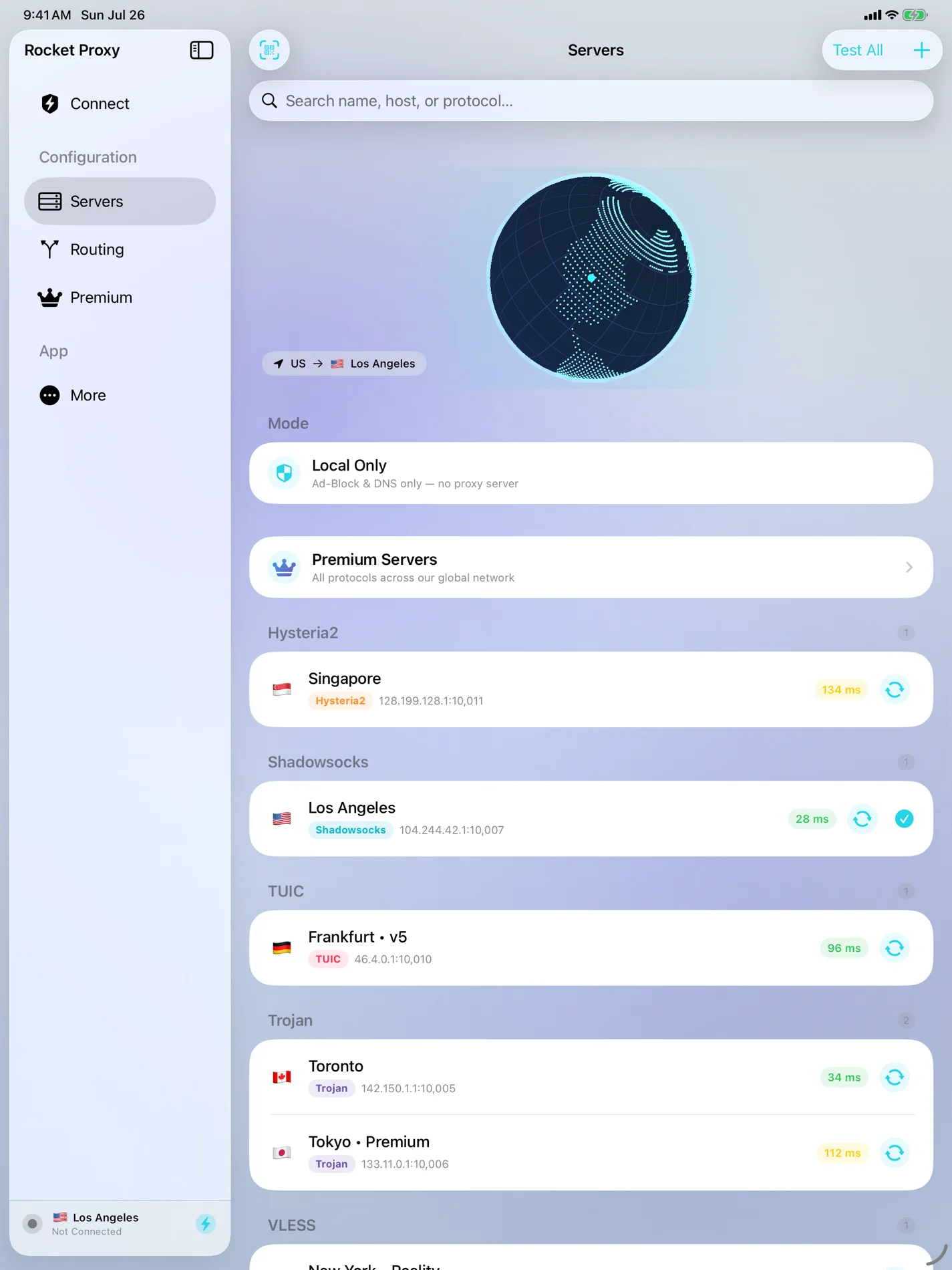 Rocket Proxy on iPad — Servers